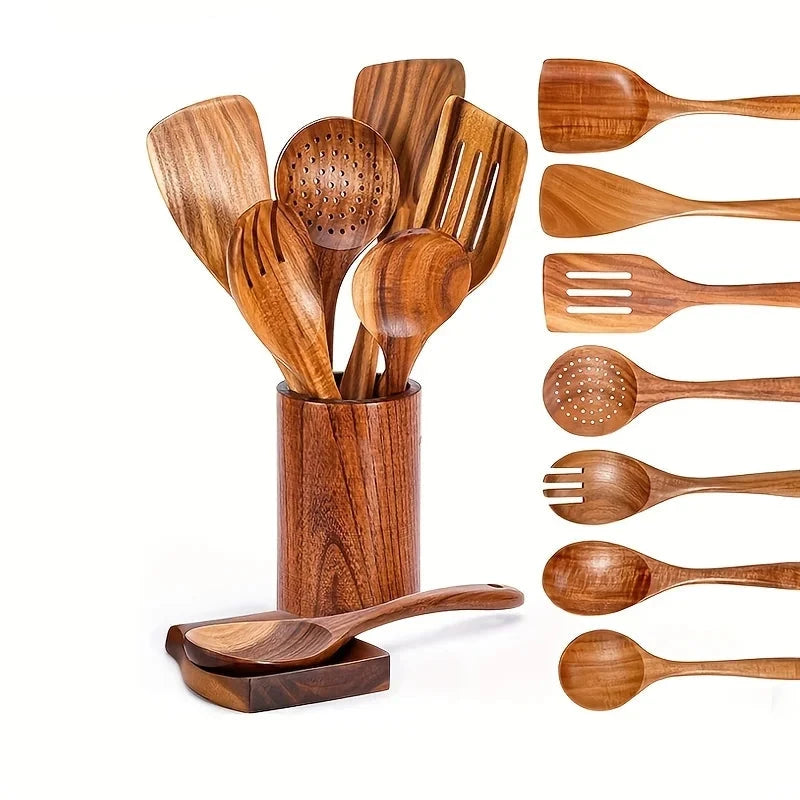 Wooden Cooking Utensils Set with Holder