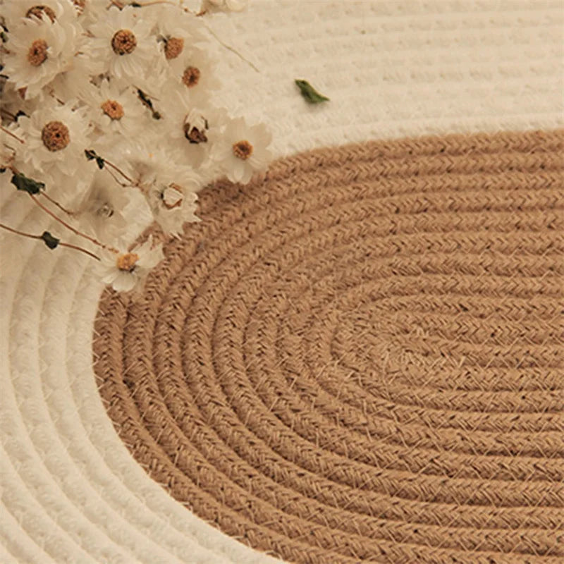 Japan Style Hand-Woven Jute Floor Door Mat Cotton And Linen Color Block Non-Slip Oval Home Bathroom Carpet Dust Removal Carpets