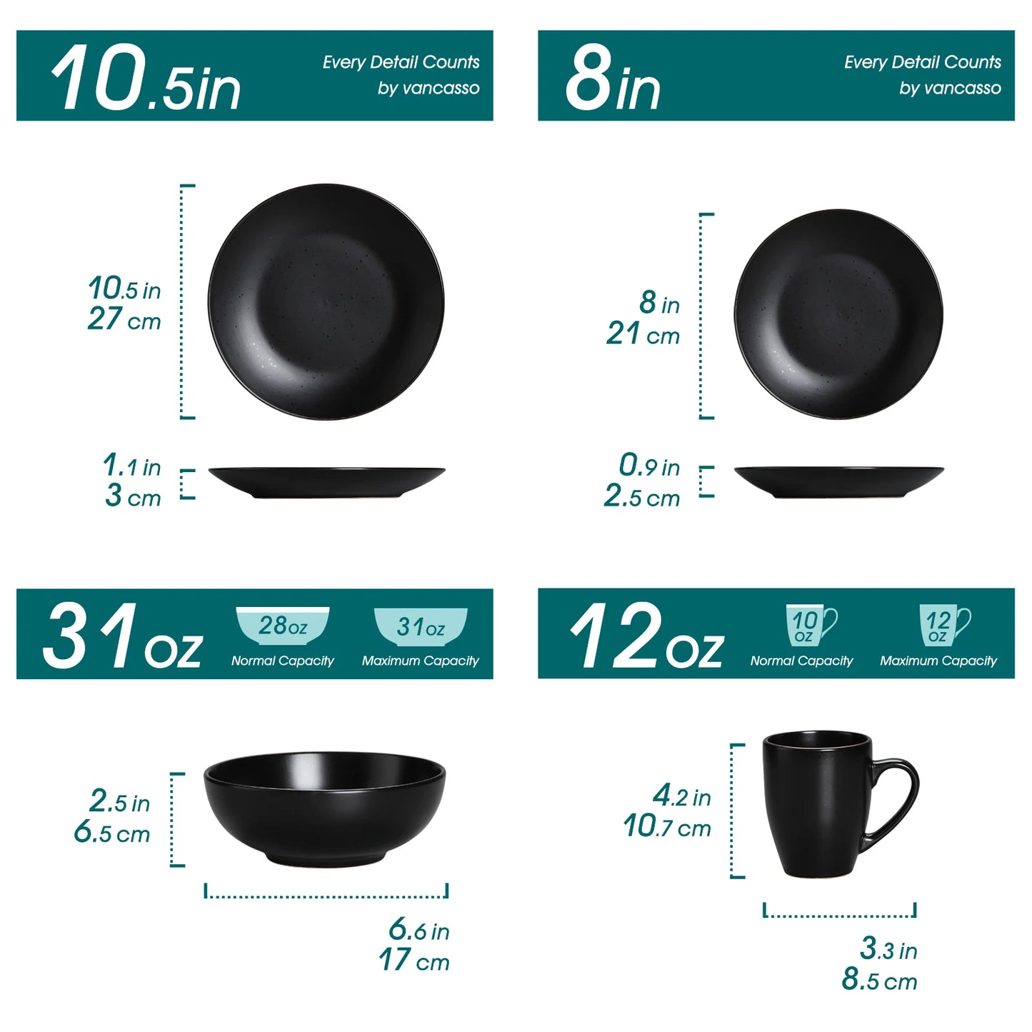 vancasso 16/32 Piece Matte Pottery Dinner Set Black Stoneware Tableware Set with 4PCS Dinner Plate,Dessert Plate,Bowls,Cups