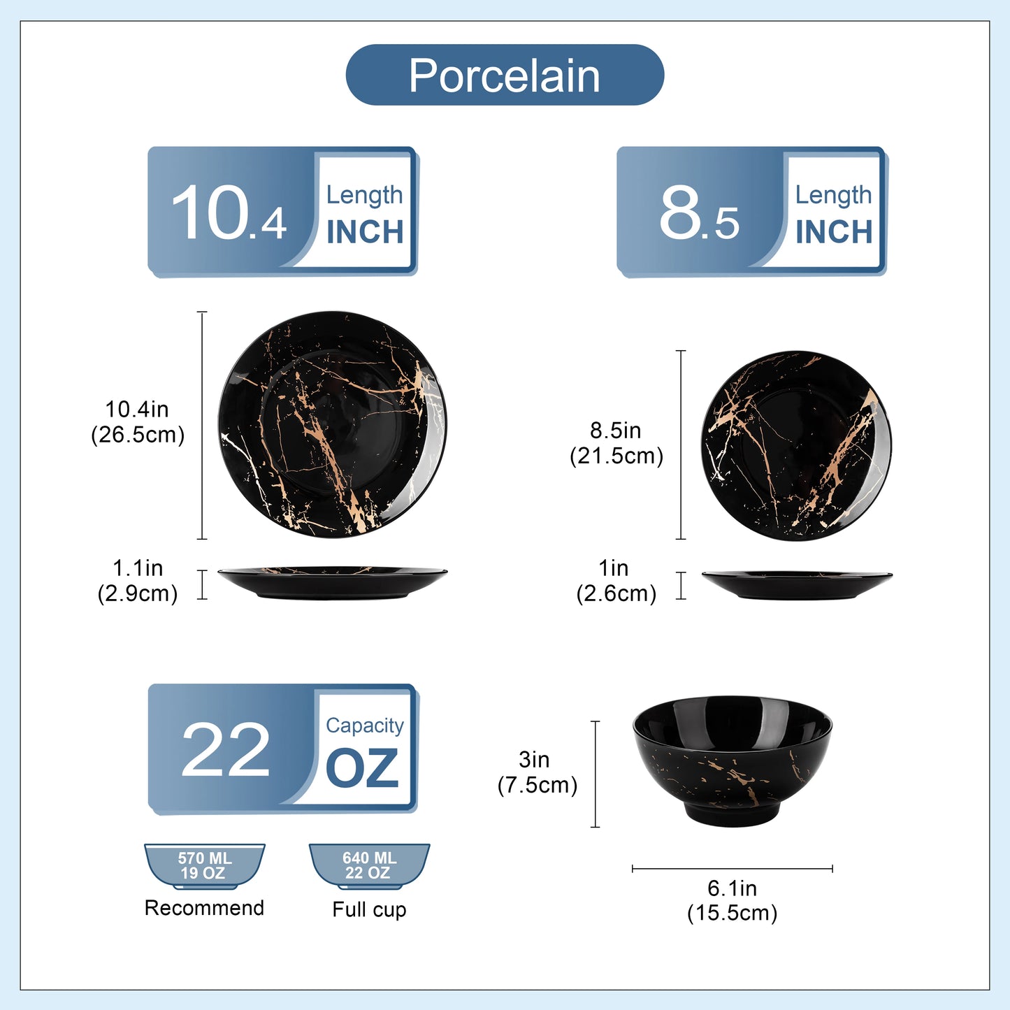 LOVECASA 12/24 Piece Ceremic Plate Sets Color Blue Glaze with Gold Porcelain Dinnerware Set with 4/8PCS Dinner/Dessert/Bowl