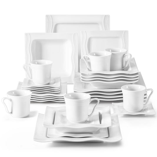 MALACASA 30/60 Piece White Porcelain Tableware Set with 12*Cups,Saucers,Dinner Soup Dessert Plates Dinnerware Set for 6/12