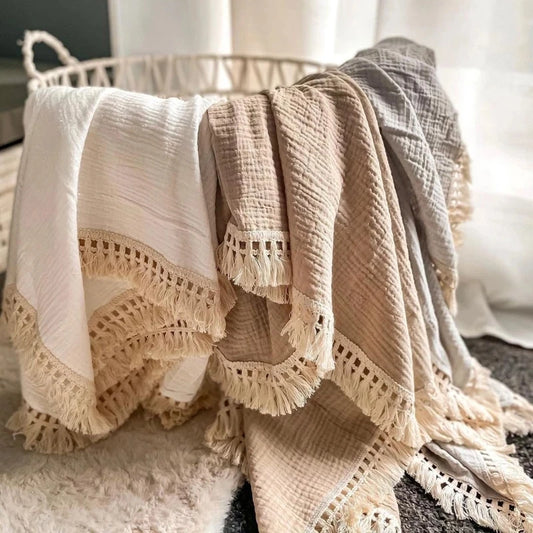 Cotton Muslin Swaddle Blankets with Tassels