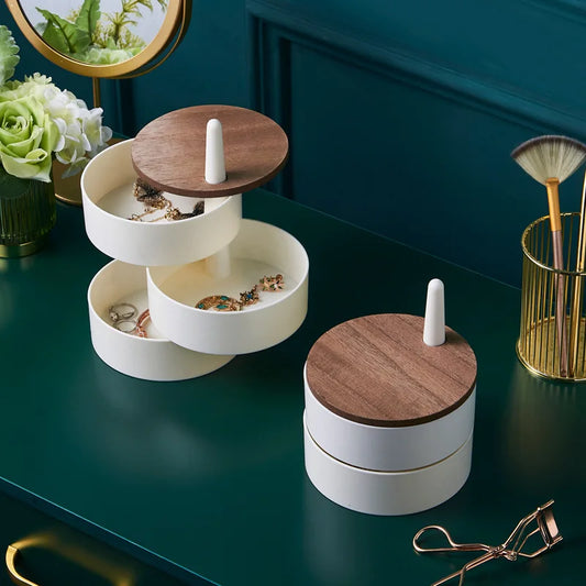 New Jewelry Organizer Wooden Cover Storage Box Exquisite Portable Rotating Jewelry Box Earrings Necklace Display Holder Gifts