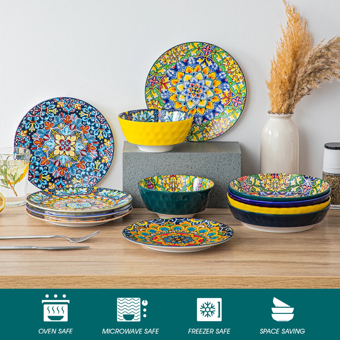 vancasso 6-24 Piece Ceramic Dinnerware Set Stoneware Bohemian Style Dinnerware with Dinner/Dessert Plate/Cereal/Pasta Bowl For 6