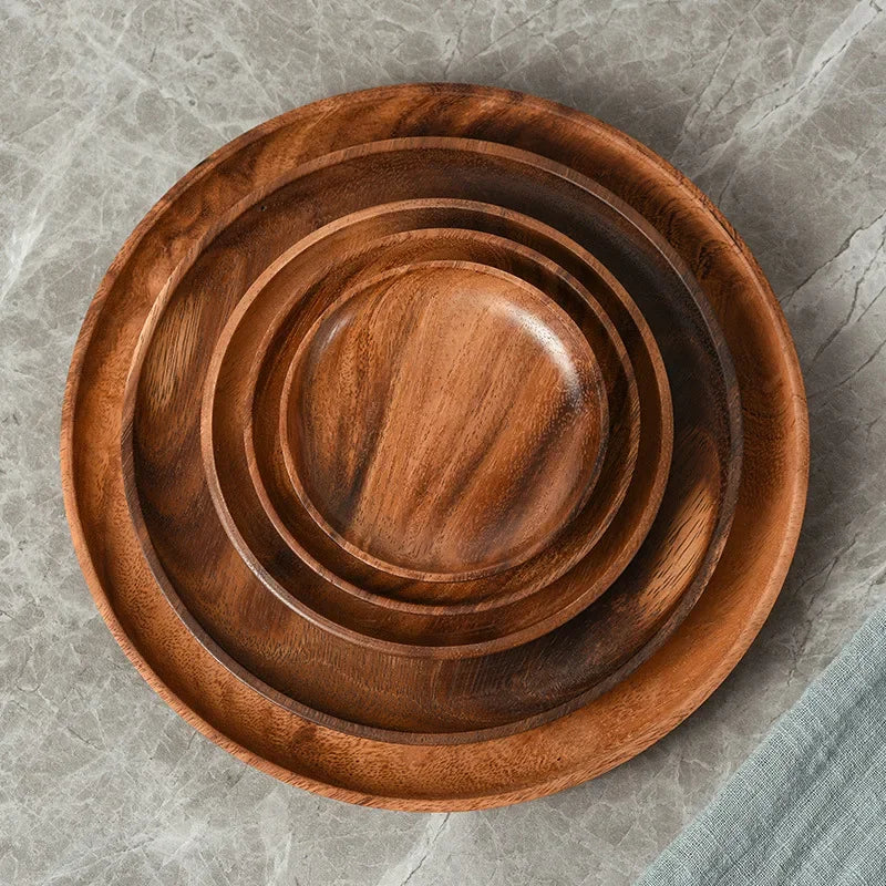 Japanese Household Dishes Acacia Wood Round Tableware Salad Dessert Tray Vintage Wood Dinnerware Set Plates Serving Platter