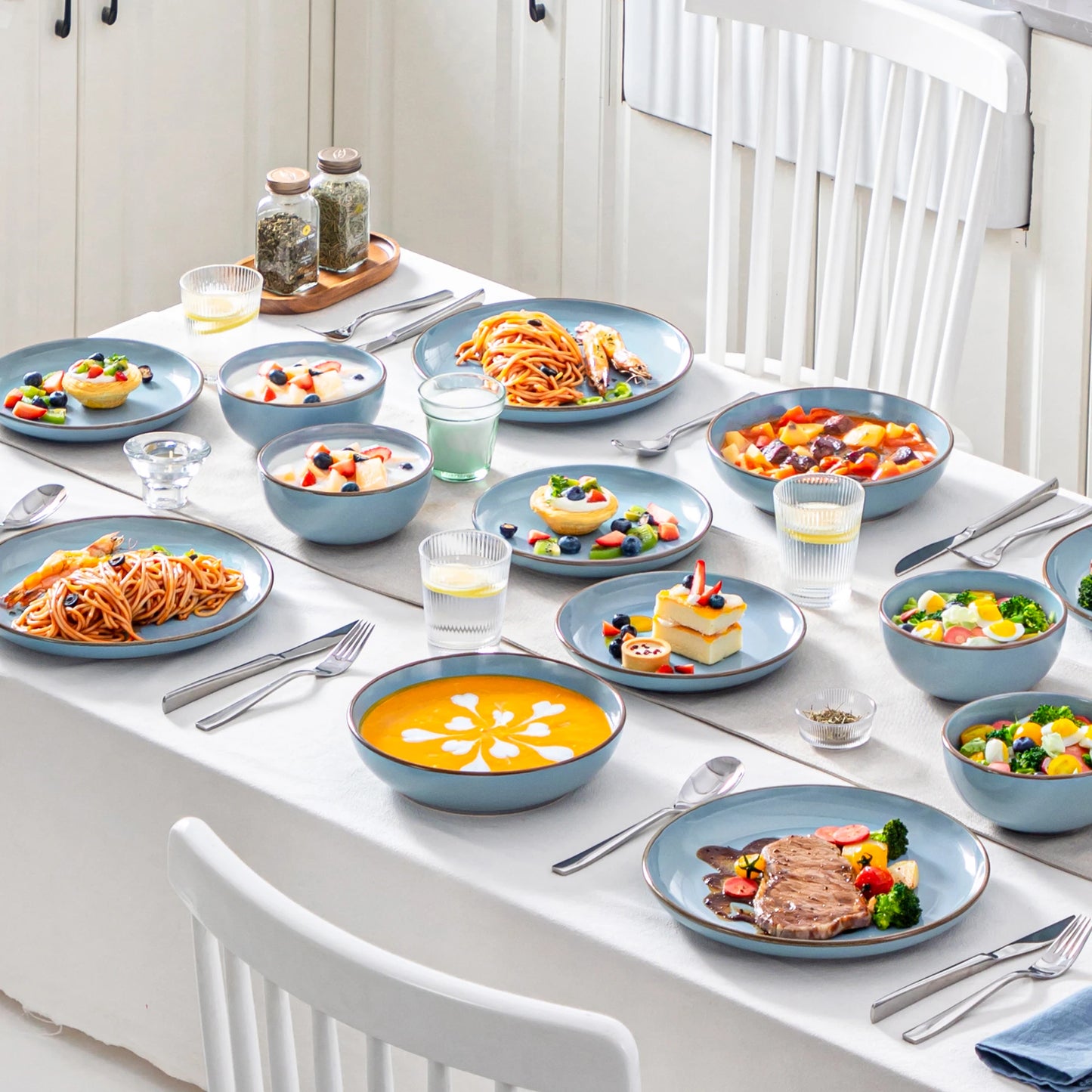 VANCASSO NYMPH 16/32 Piece Ceramic Glaze Tableware Set with Dinner/Dessert/Soup Plate/Bowl  For 4/8 Person 4 Color Optional