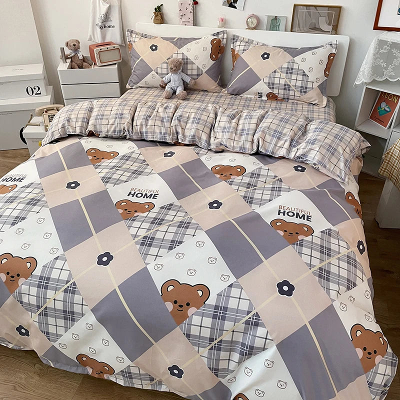 Kawaii Bear Bed Set Floral Duvet Cover Flat Sheet Pillowcase Cute Dog Linen Sheet Quilt Cover Full Queen King Size for Boy Girls
