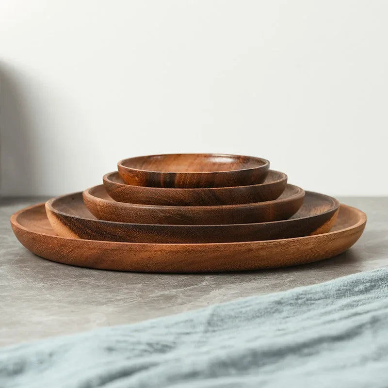 Japanese Household Dishes Acacia Wood Round Tableware Salad Dessert Tray Vintage Wood Dinnerware Set Plates Serving Platter