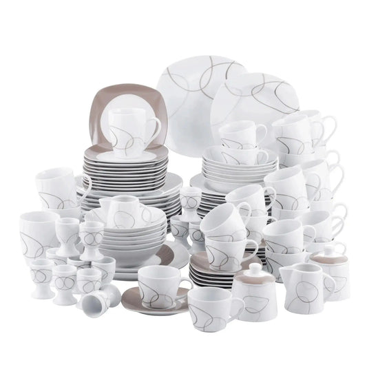 VEWEET 50/100-Piece Brown Porcelain Dinner Set with Egg Cup,Cup&Saucer,Mug,Dessert&Soup&Dinner Plate,Bowl,Milk Jug&Sugar Pot