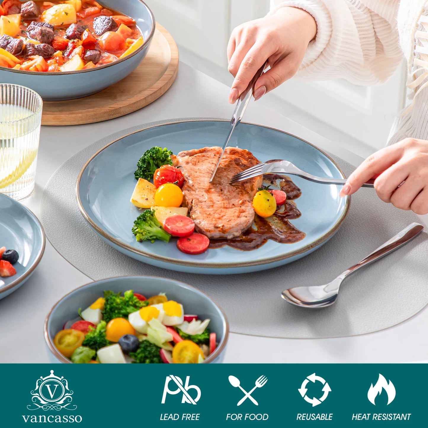 VANCASSO NYMPH 16/32 Piece Ceramic Glaze Tableware Set with Dinner/Dessert/Soup Plate/Bowl  For 4/8 Person 4 Color Optional