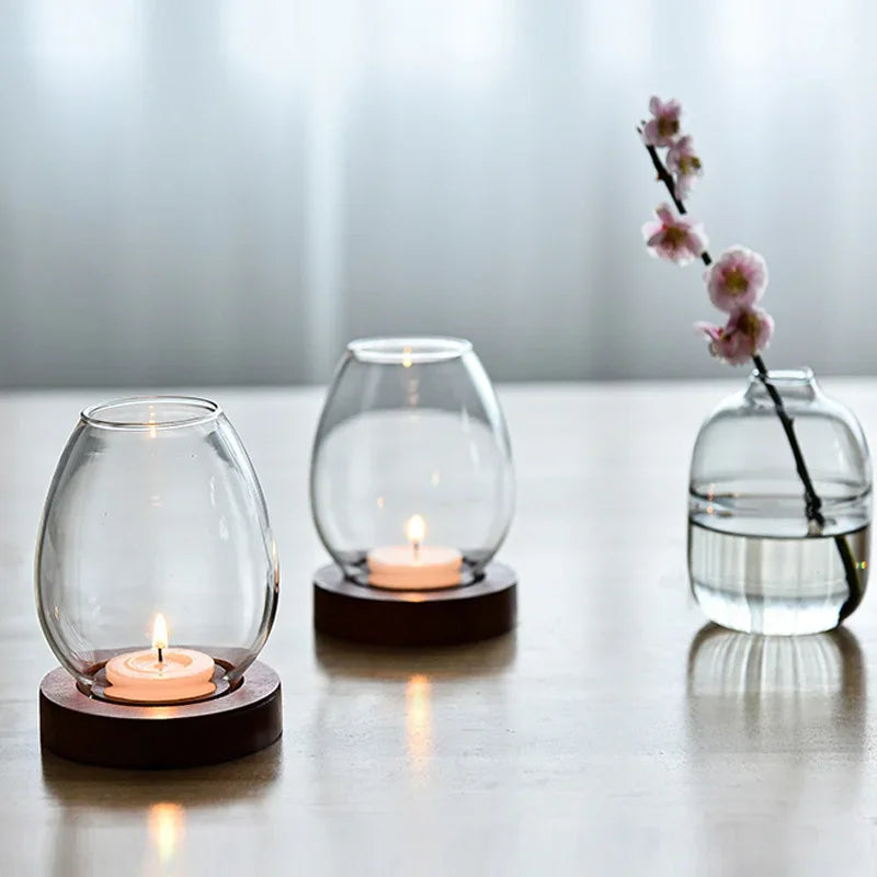 Transparent Round Glass Candlestick Retro Home Windproof Candle Holders Cup Cover Table Decor Ornament Wedding Party Accessories