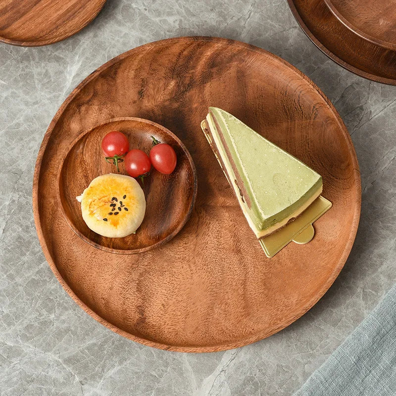 Japanese Household Dishes Acacia Wood Round Tableware Salad Dessert Tray Vintage Wood Dinnerware Set Plates Serving Platter