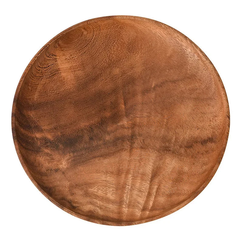 Japanese Household Dishes Acacia Wood Round Tableware Salad Dessert Tray Vintage Wood Dinnerware Set Plates Serving Platter