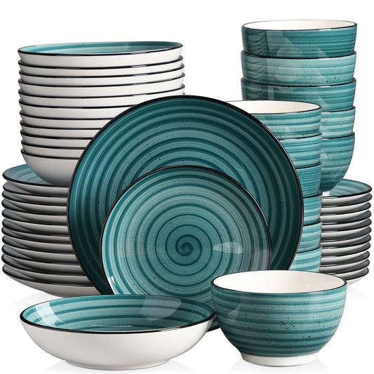VANCASSO BONBON Green 24/48-Piece Handpainted Spirals Stoneware Dinner Combi-Set with Bowl,Dessert Plate,Soup Plate,Dinner Plate